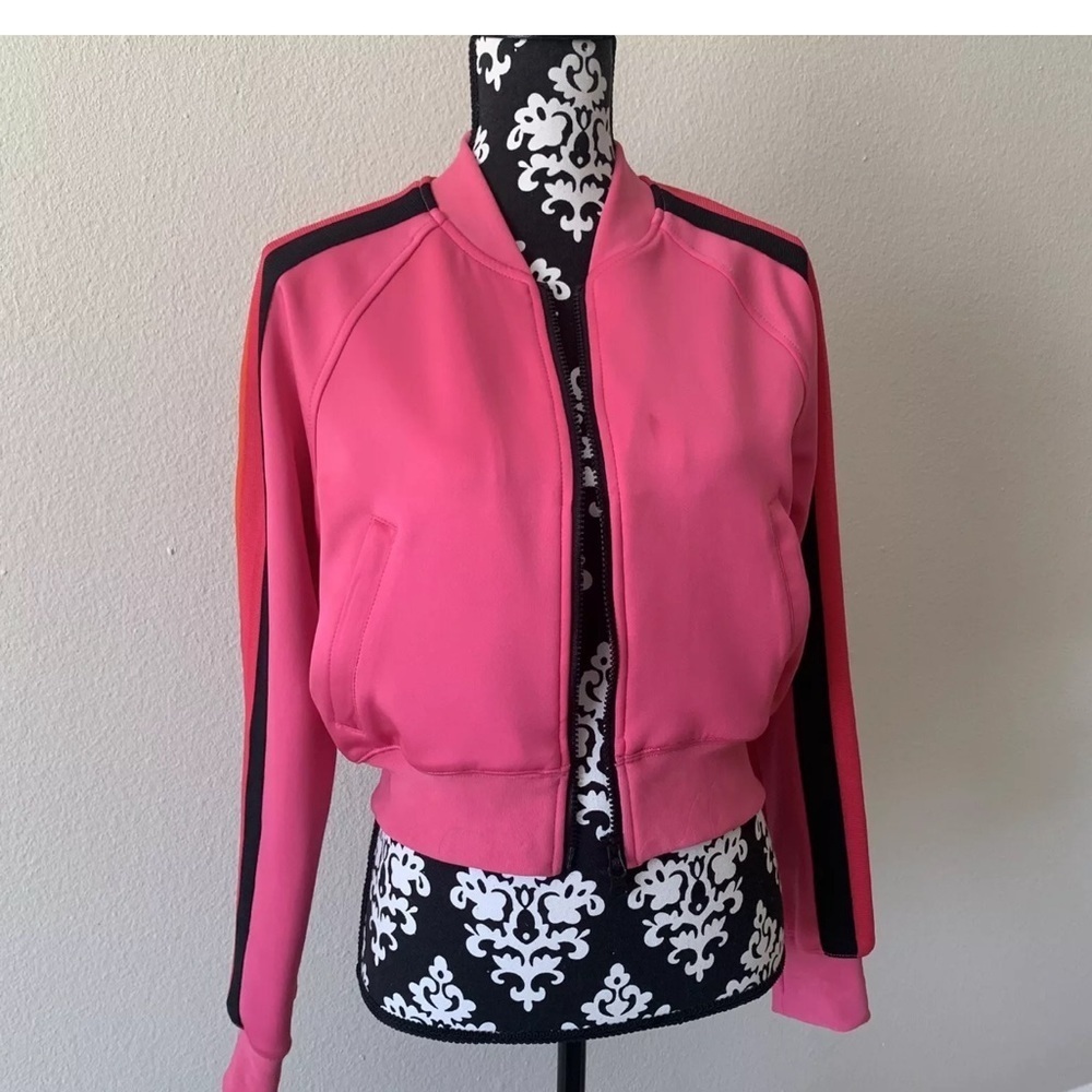 Pam & Gela Pink Track Stripe Jacket Crop bomber jacket size P Small hogh low
